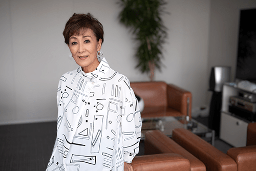 白い柄物の衣装で立つ伊東ゆかり（撮影年不明）